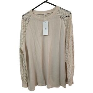 JWD Beige Waffle Knit Top Crochet Lace Long Sleeve Crew Neck Plus Size 3X NWT
